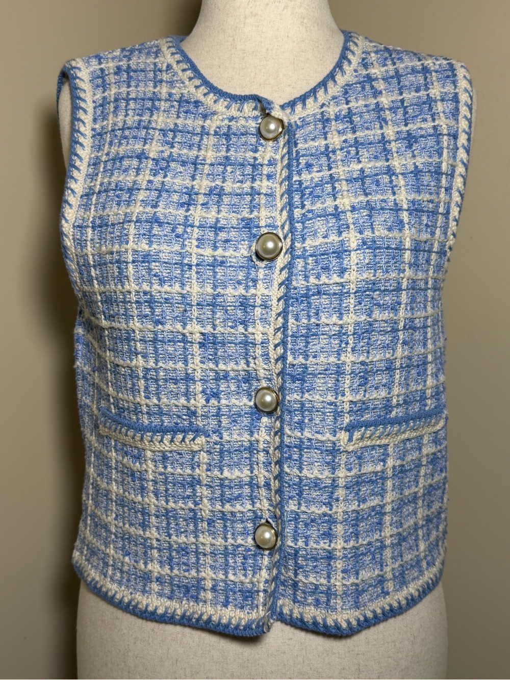 Mango Blue and Cream Tweed Sleeveless Button Vest